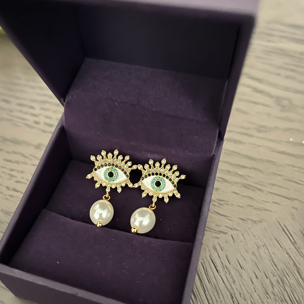 Kurt Geiger Gold Eye Drop Pearl Earrings with Turquoise Accent